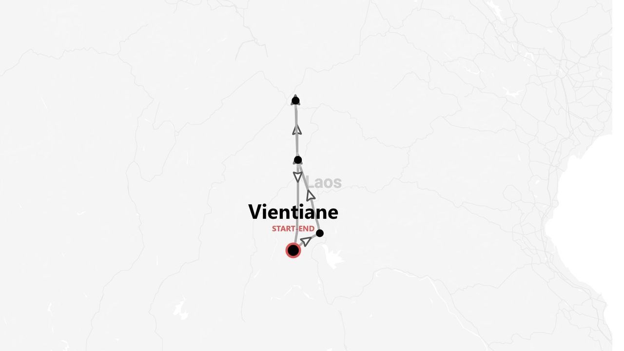 Karte einer Rundreise durch Laos, die in Vientiane beginnt und endet.