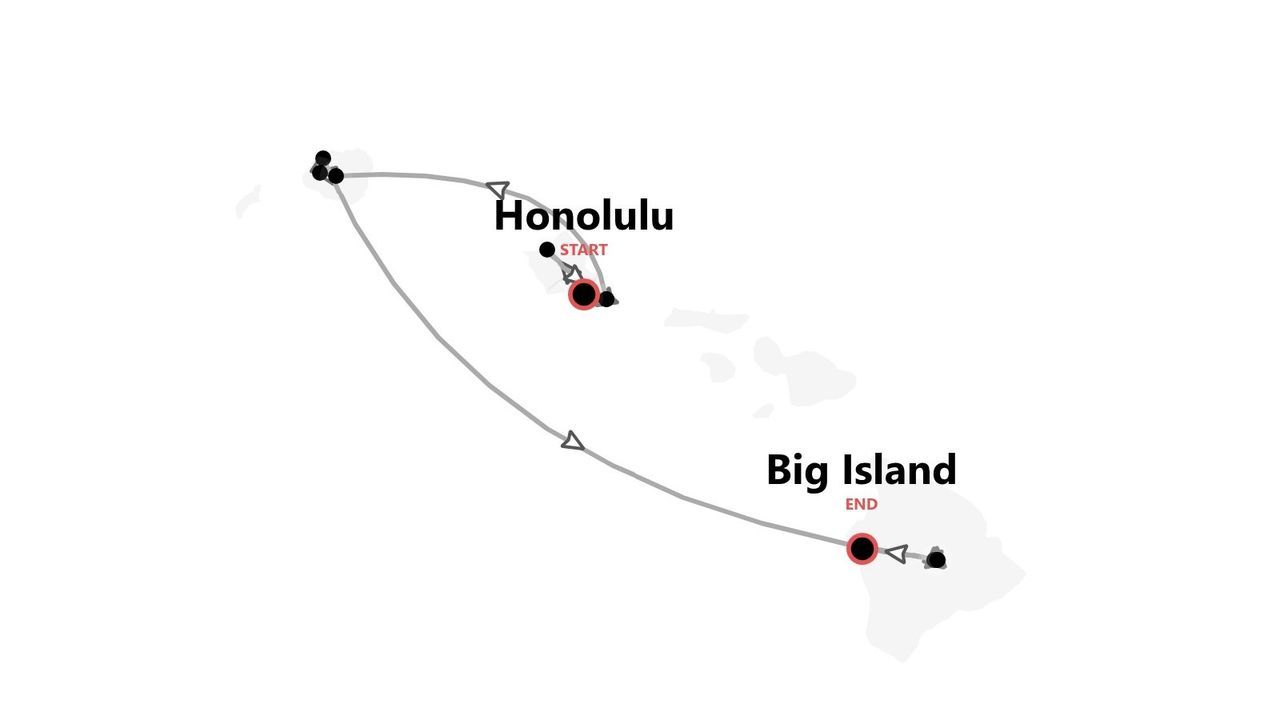 Eine Karte mit einer Reiseroute von Honolulu nach Big Island, Hawaii, vor weißem Hintergrund.
