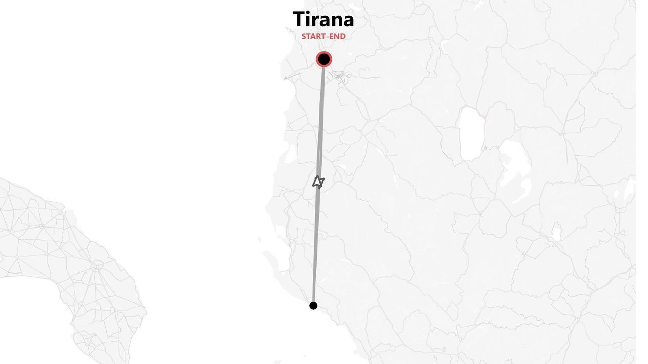 Una mappa stilizzata che mostra un itinerario di viaggio con partenza e arrivo a Tirana.