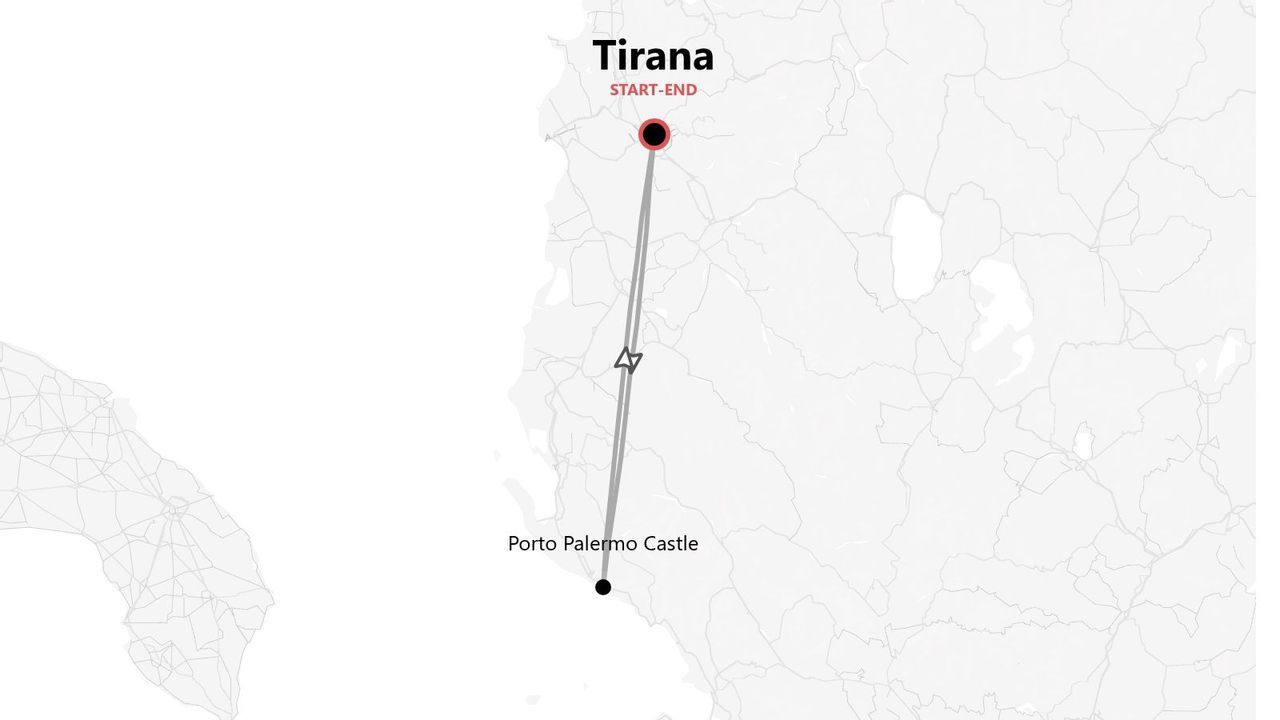 Mapa de una ruta turística con inicio y fin en Tirana, y una parada en el Castillo de Porto Palermo.