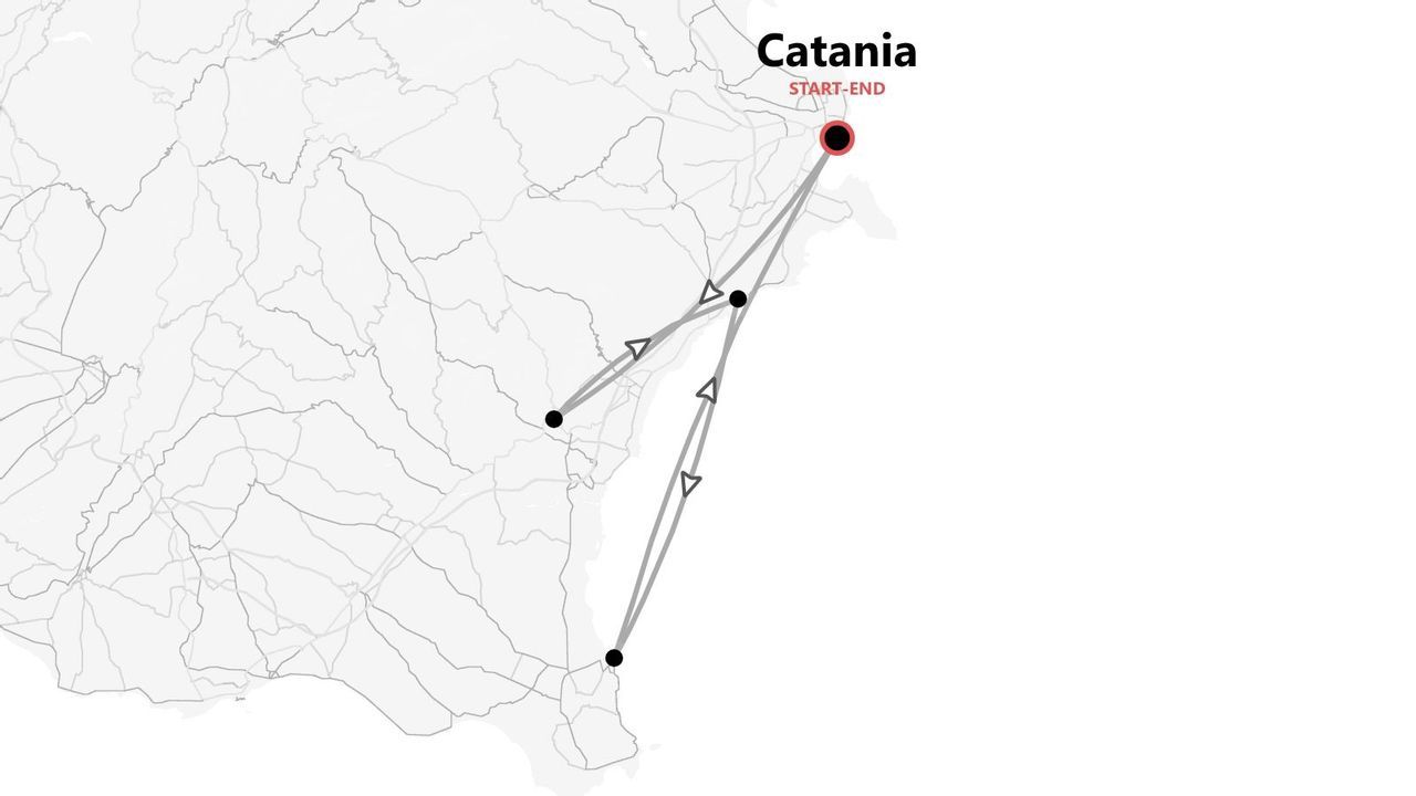 Mappa di un itinerario di viaggio con diverse tappe, con partenza e arrivo a Catania, Sicilia.