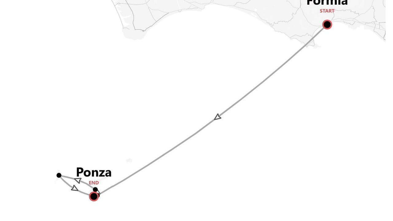 Mappa del percorso di viaggio da Formia a Ponza.