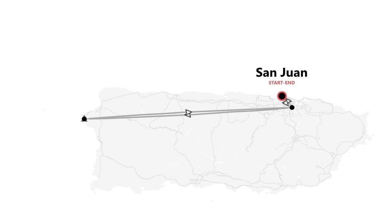 Mapa de un itinerario turístico por una isla, con San Juan como punto de partida y llegada.