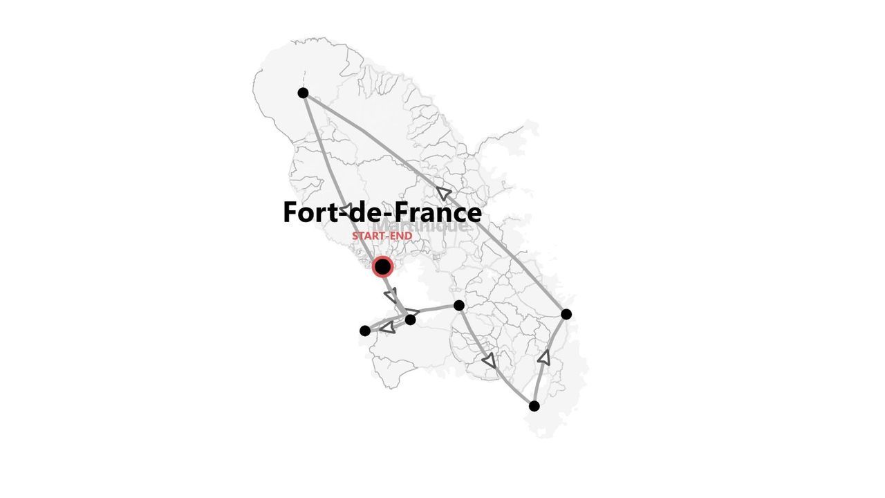 Carte d'un itinéraire de voyage en Martinique, avec départ et arrivée à Fort-de-France.