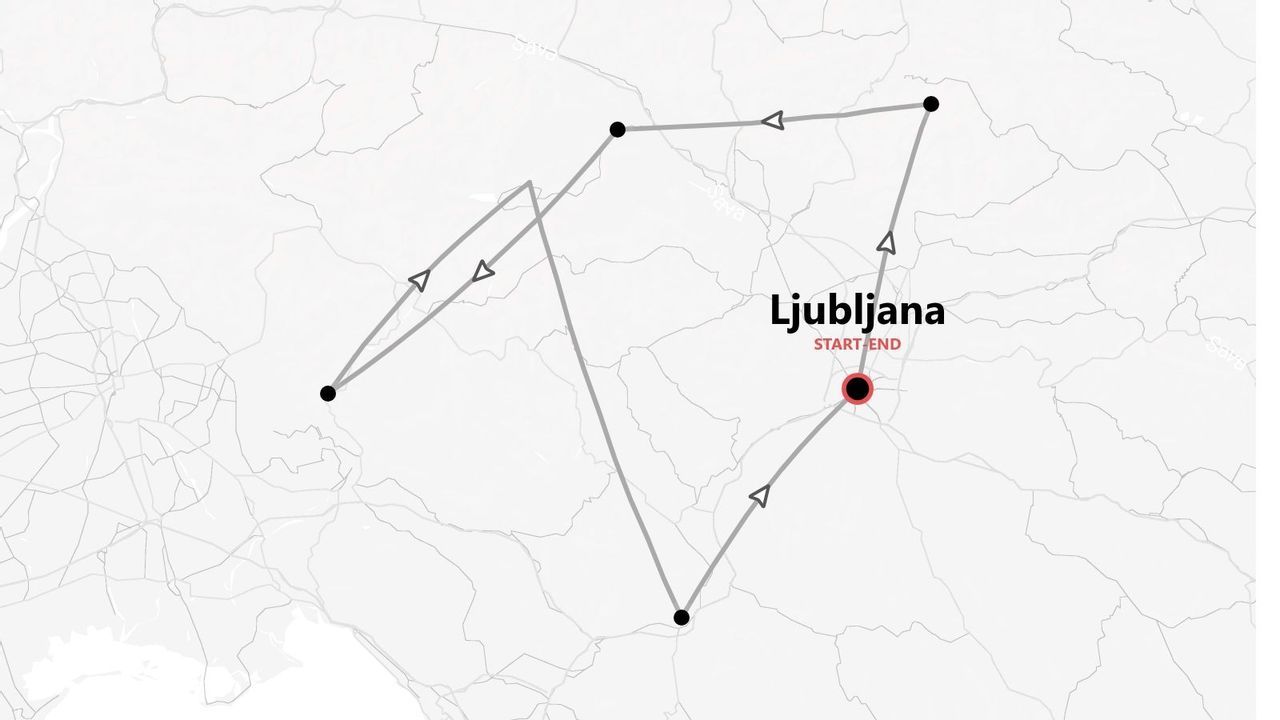 Eine Karte des Reiseverlaufs, der in Ljubljana beginnt und endet, mit eingezeichneter Route und Pfeilen.