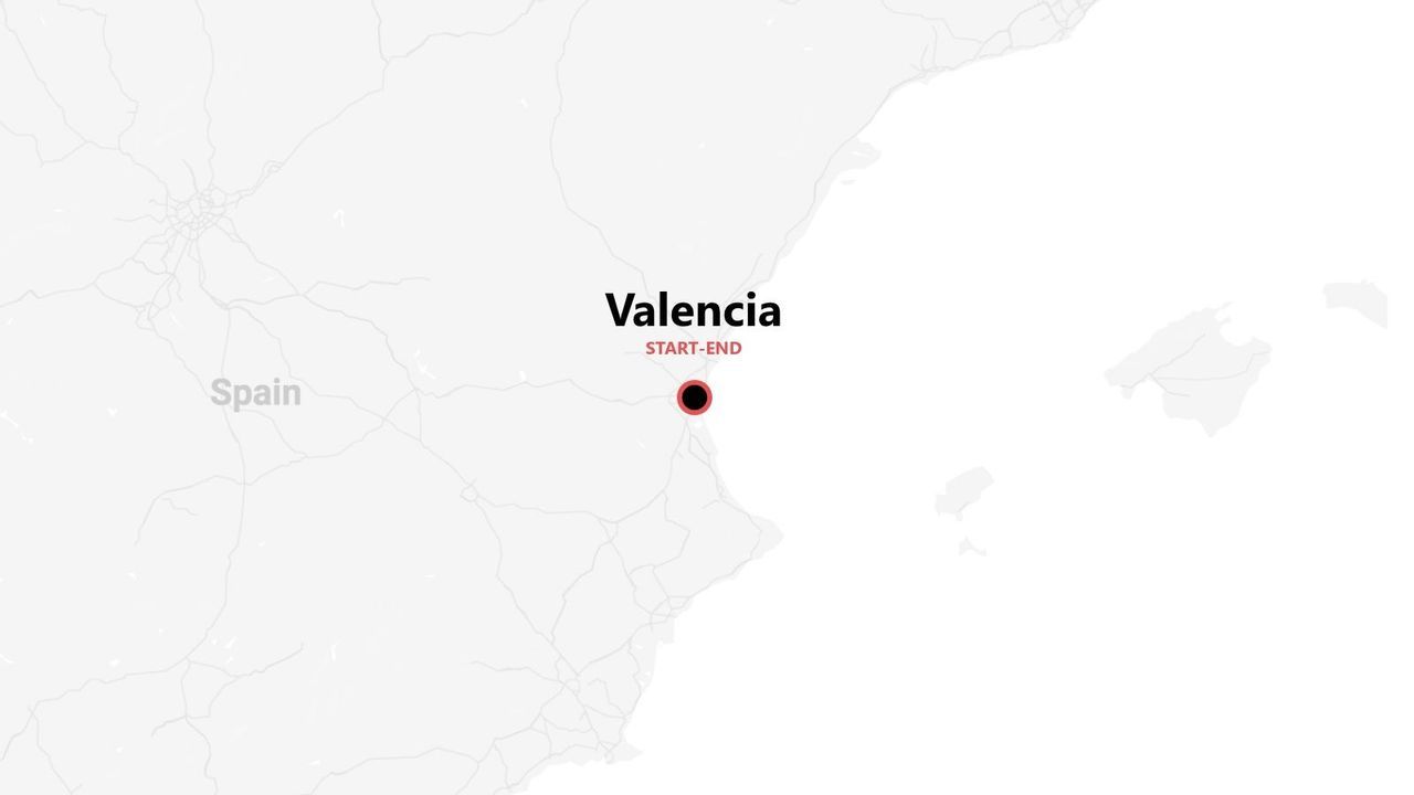 Una mappa minimalista della Spagna con un segnaposto su Valencia, indicata come punto di inizio e fine di un viaggio.