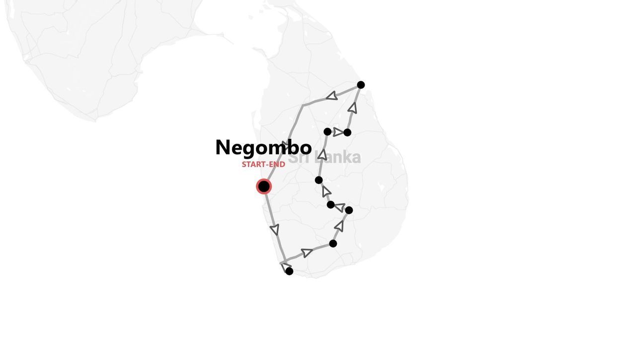 Un mapa de Sri Lanka mostrando un itinerario de viaje que comienza y termina en Negombo.
