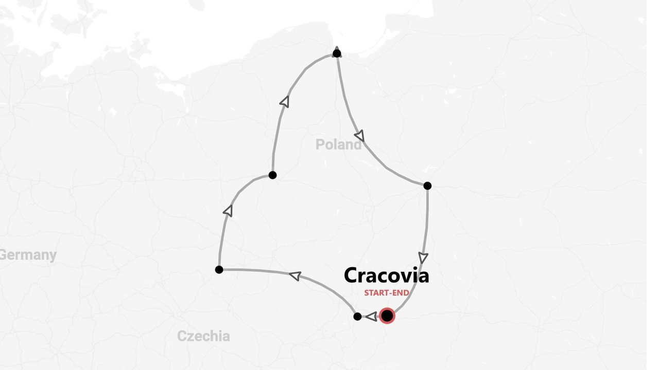 Mappa di un tour della Polonia, con partenza e arrivo a Cracovia.