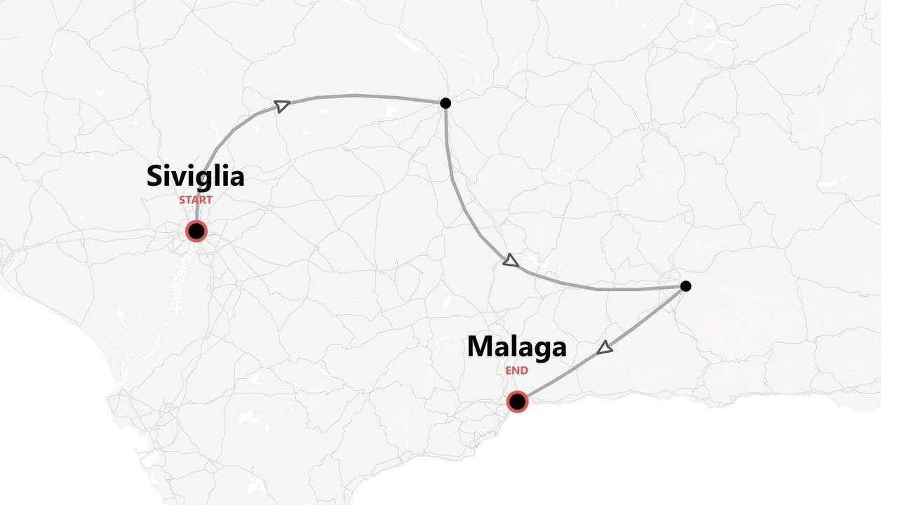 Mappa di un itinerario di viaggio da Siviglia a Malaga.