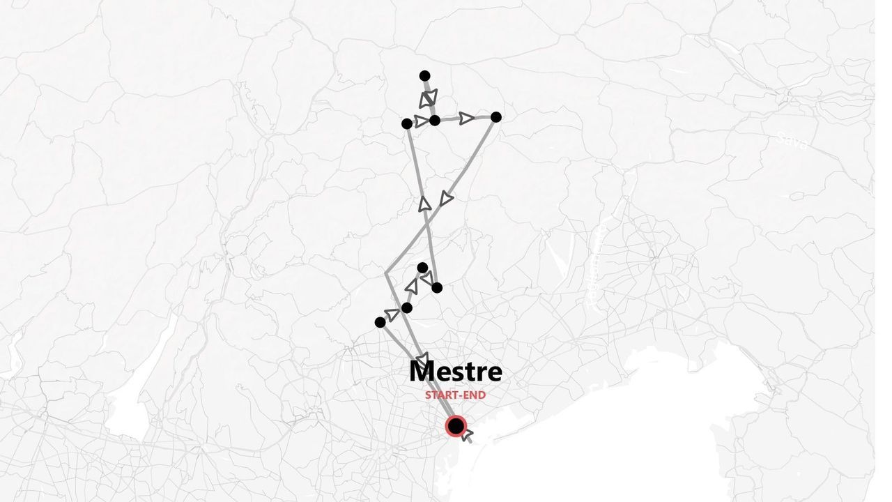 Un mapa estilizado que muestra un itinerario de tour con múltiples paradas, con inicio y fin en Mestre.
