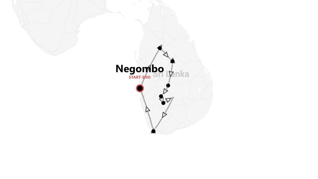Eine stilisierte Karte von Sri Lanka mit einer Reiseroute, die in Negombo beginnt und endet.