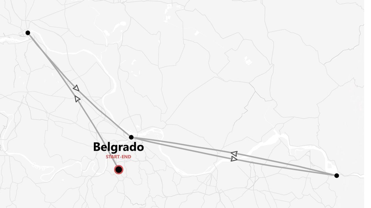 Mappa di un itinerario di viaggio con inizio e fine a Belgrado, che collega altri due punti.