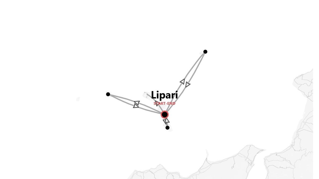Mappa di itinerario di viaggio con partenza e arrivo a Lipari, che mostra più percorsi che si irradiano da un punto centrale.