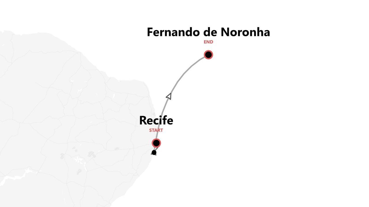 Una mappa che mostra l'itinerario di viaggio dal punto di partenza a Recife al punto di arrivo a Fernando de Noronha.