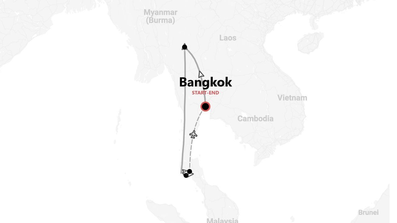 A map of Thailand showing a travel itinerary that starts and ends in Bangkok, looping north and then south along the coast.