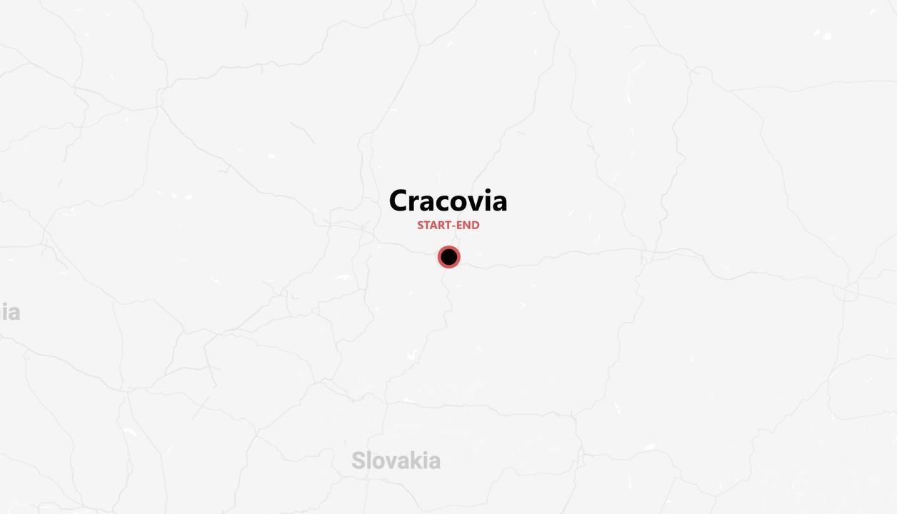 Una mappa stilizzata che mostra la posizione di Cracovia, segnata come punto di inizio e fine, con la Slovacchia visibile a sud.