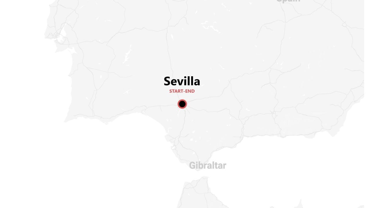 Un mapa minimalista del sur de España que destaca Sevilla como punto de inicio y fin de una ruta, con Gibraltar también etiquetado.