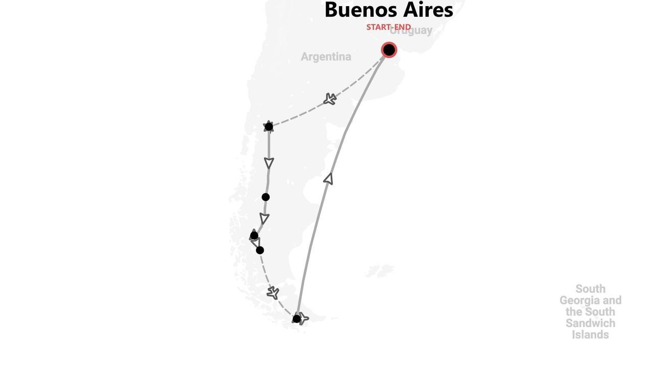 Mappa di un itinerario di viaggio con partenza e arrivo a Buenos Aires, attraverso l'Argentina verso la Georgia del Sud e le Isole Sandwich Australi.
