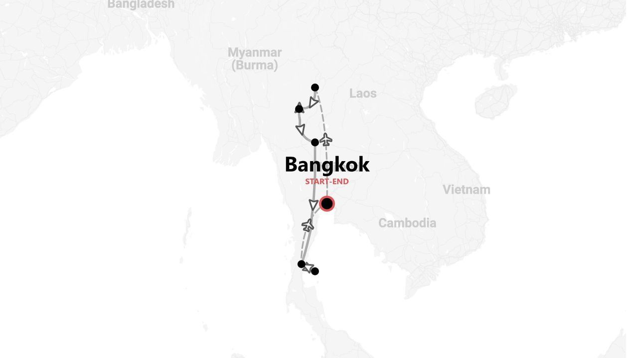 Un mapa que muestra un itinerario de viaje por Tailandia, con la ruta comenzando y terminando en Bangkok.