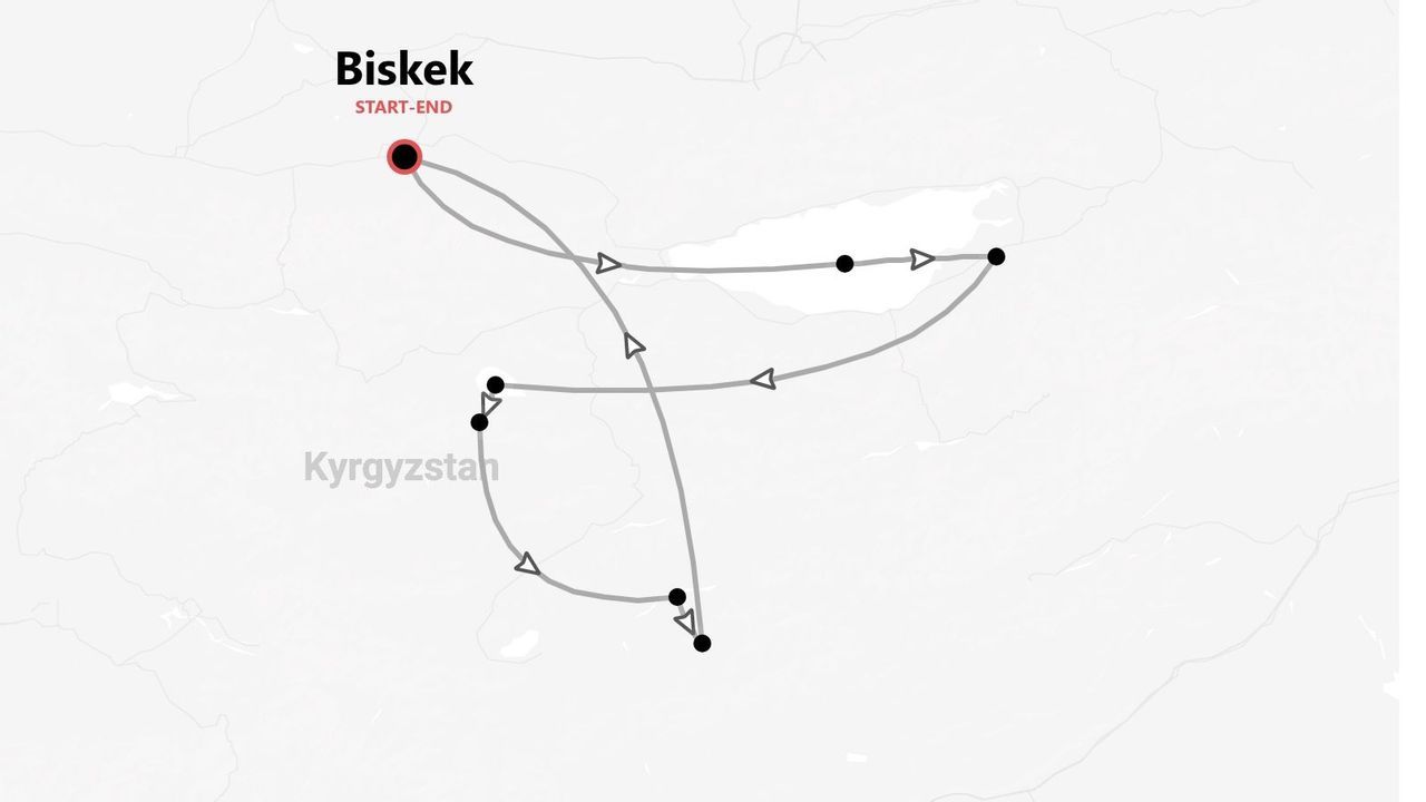 Un mapa de Kirguistán que muestra un itinerario turístico con varias paradas, comenzando y terminando en la ciudad de Biskek.