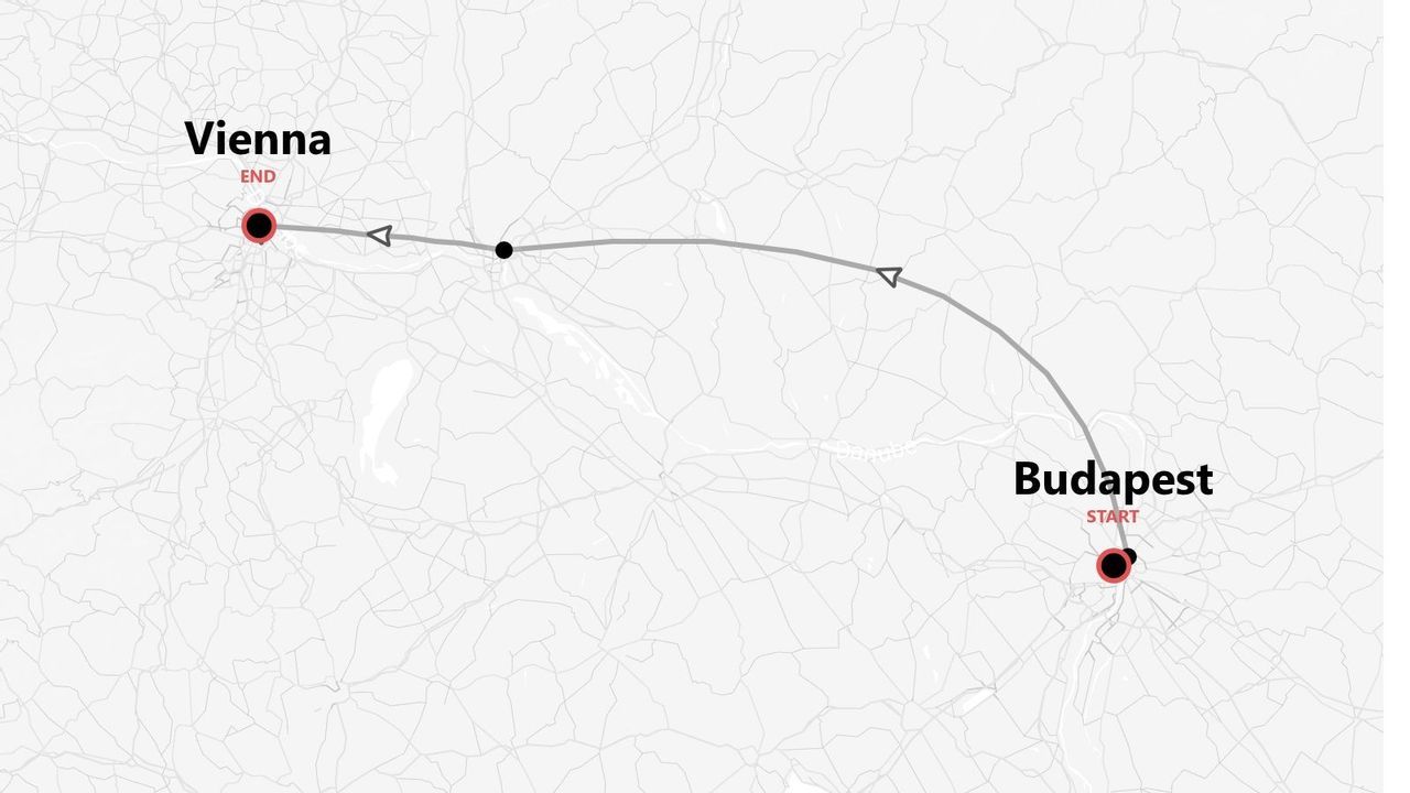 Una mappa minimalista che mostra un itinerario di viaggio con partenza da Budapest e arrivo a Vienna.