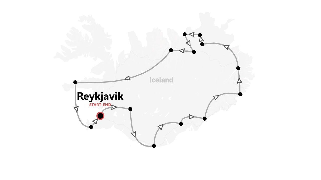 Mapa de Islandia con ruta turística que empieza y termina en Reikiavik.