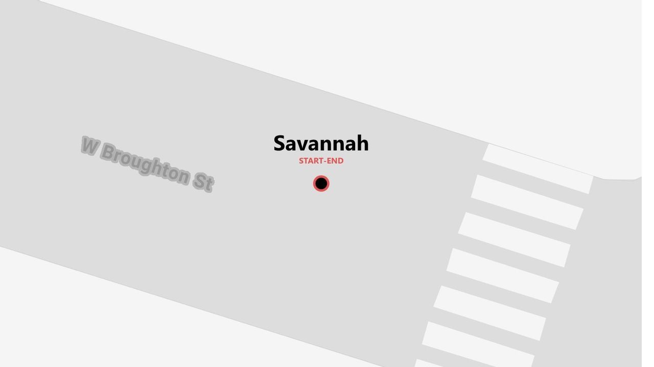 A minimalist map of Savannah, showing a start and end point on W Broughton St next to a crosswalk.