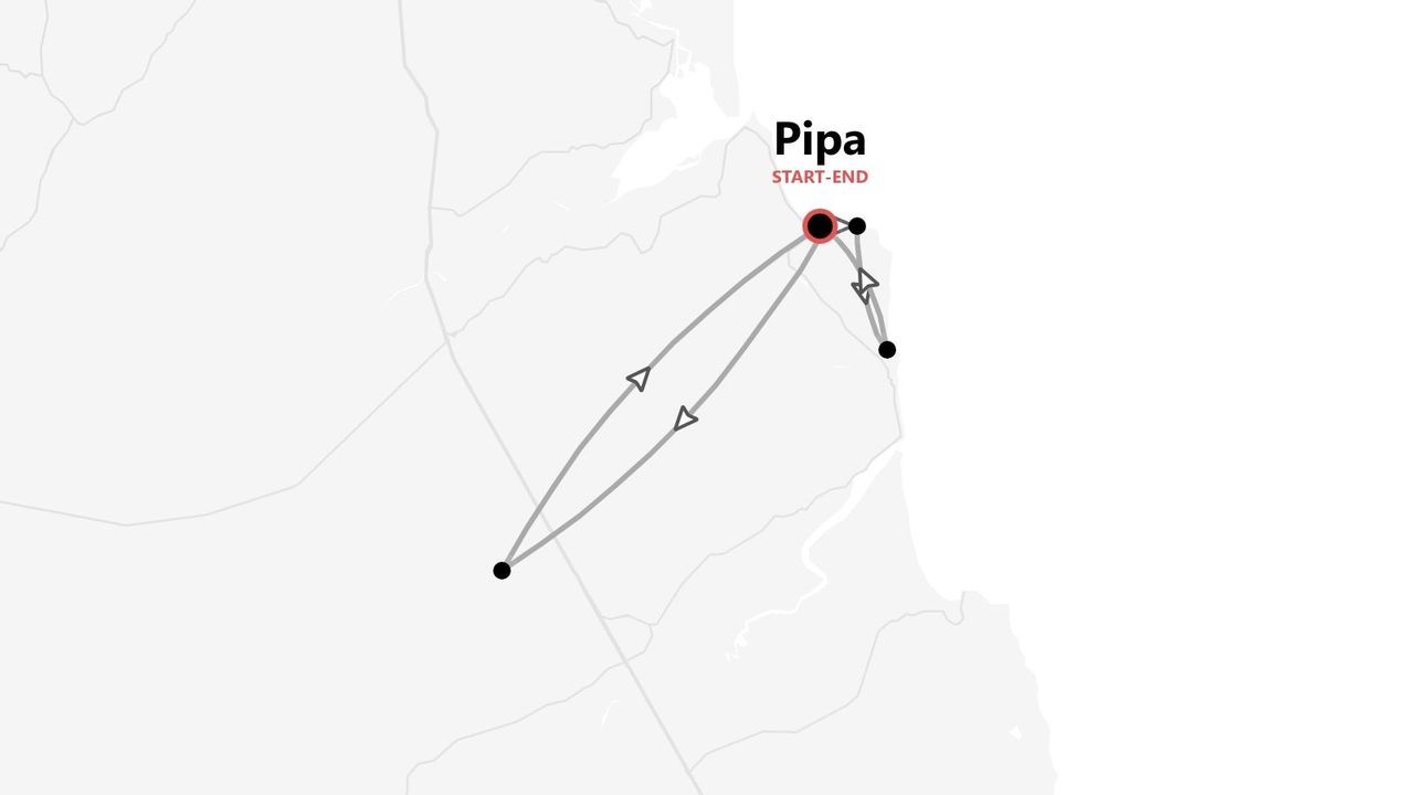 Carte d'un itinéraire de voyage au départ et à l'arrivée de Pipa, avec le parcours indiqué par des points reliés et des flèches directionnelles.