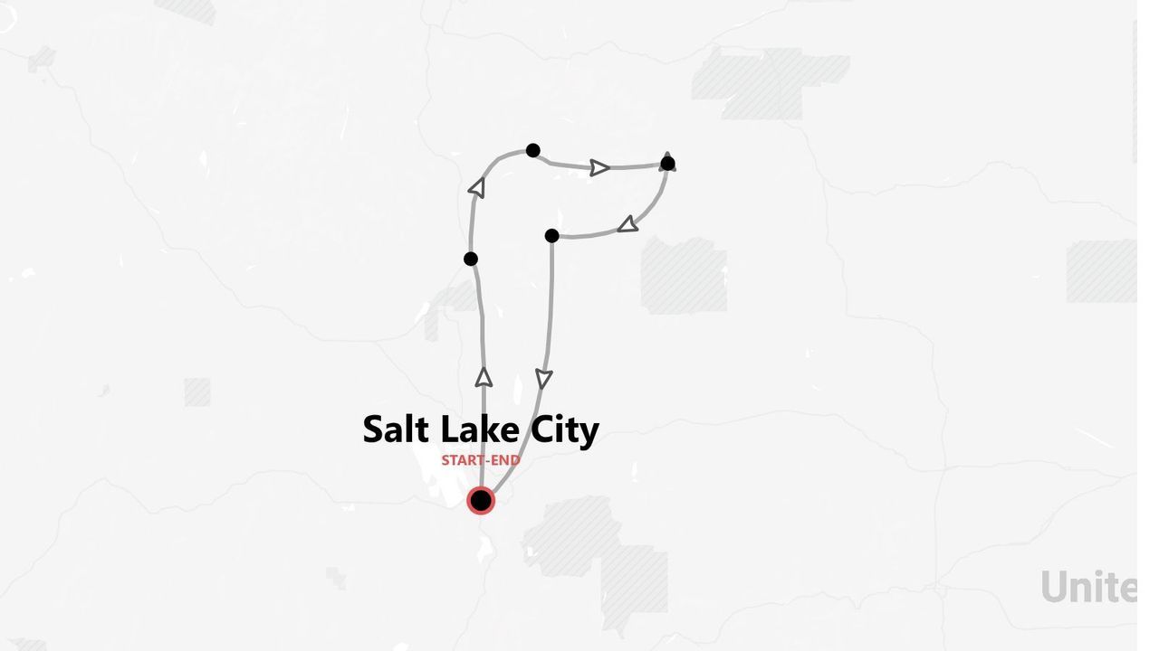 A map showing a tour route starting and ending in Salt Lake City, with the path marked by a grey line and black dots.