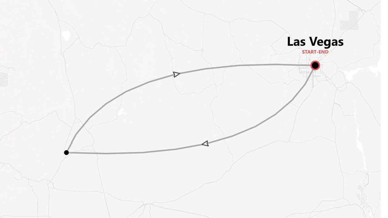 A grayscale map illustrating a round-trip route with Las Vegas as the start and end point.
