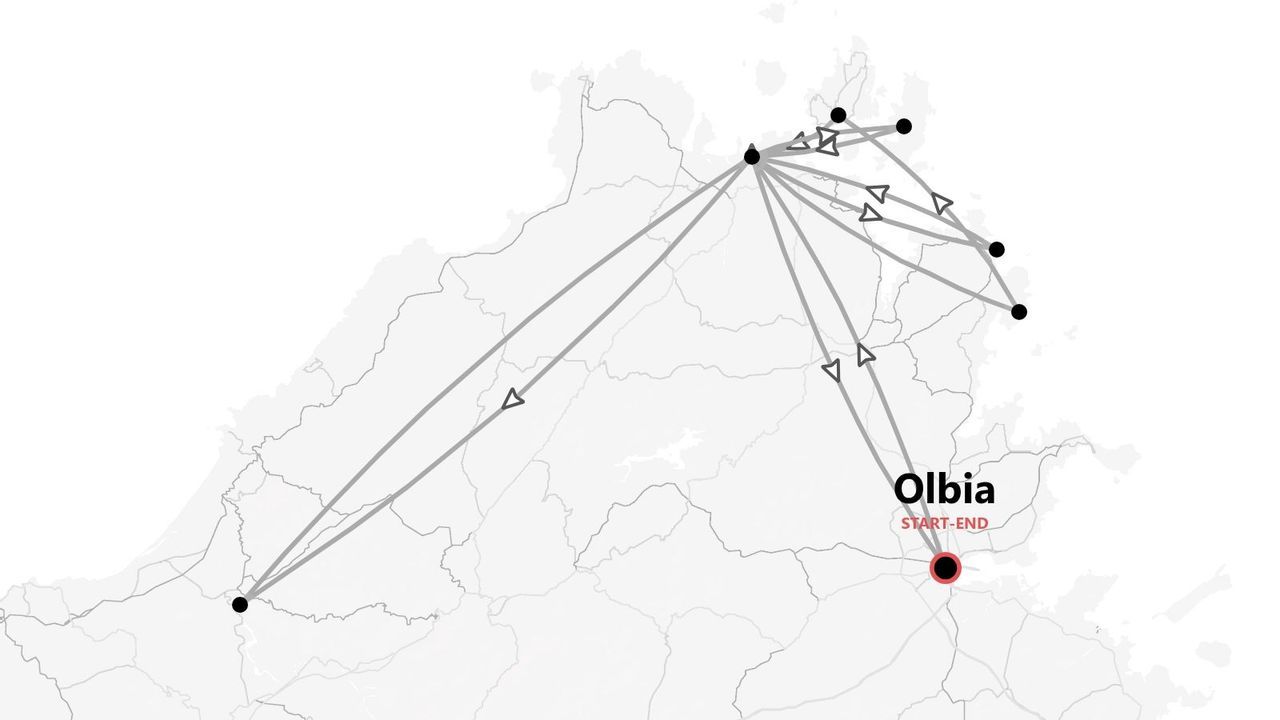 Eine Karte einer Reiseroute durch Nordsardinien, mit Olbia als rotem Start- und Endpunkt.