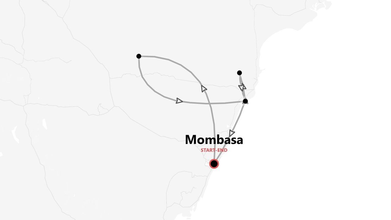 Mappa di un itinerario di viaggio circolare con partenza e arrivo a Mombasa e diverse tappe.