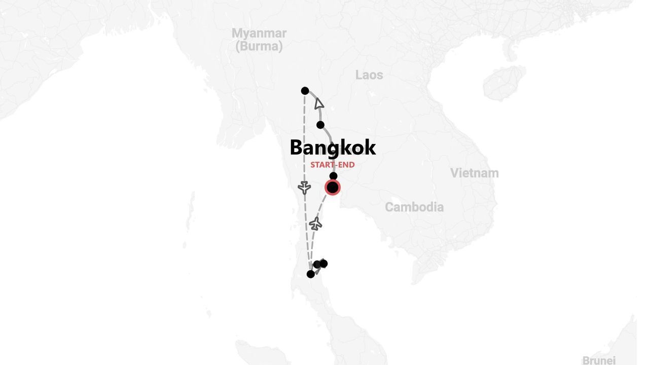 Karte einer Reiseroute durch Thailand, die eine Rundreise mit Start und Ziel in Bangkok zeigt.