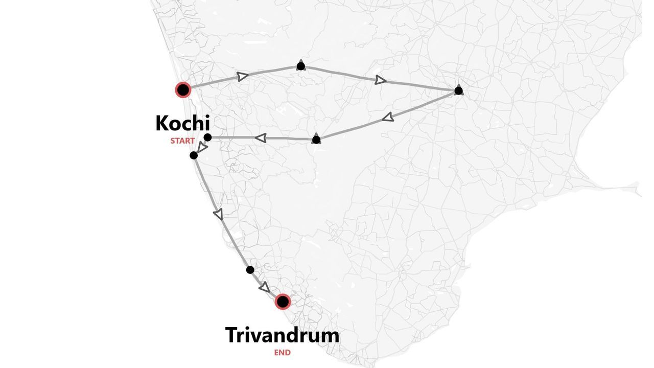 Une carte montrant un itinéraire de voyage commençant à Kochi et se terminant à Trivandrum, avec plusieurs arrêts indiqués le long du parcours.