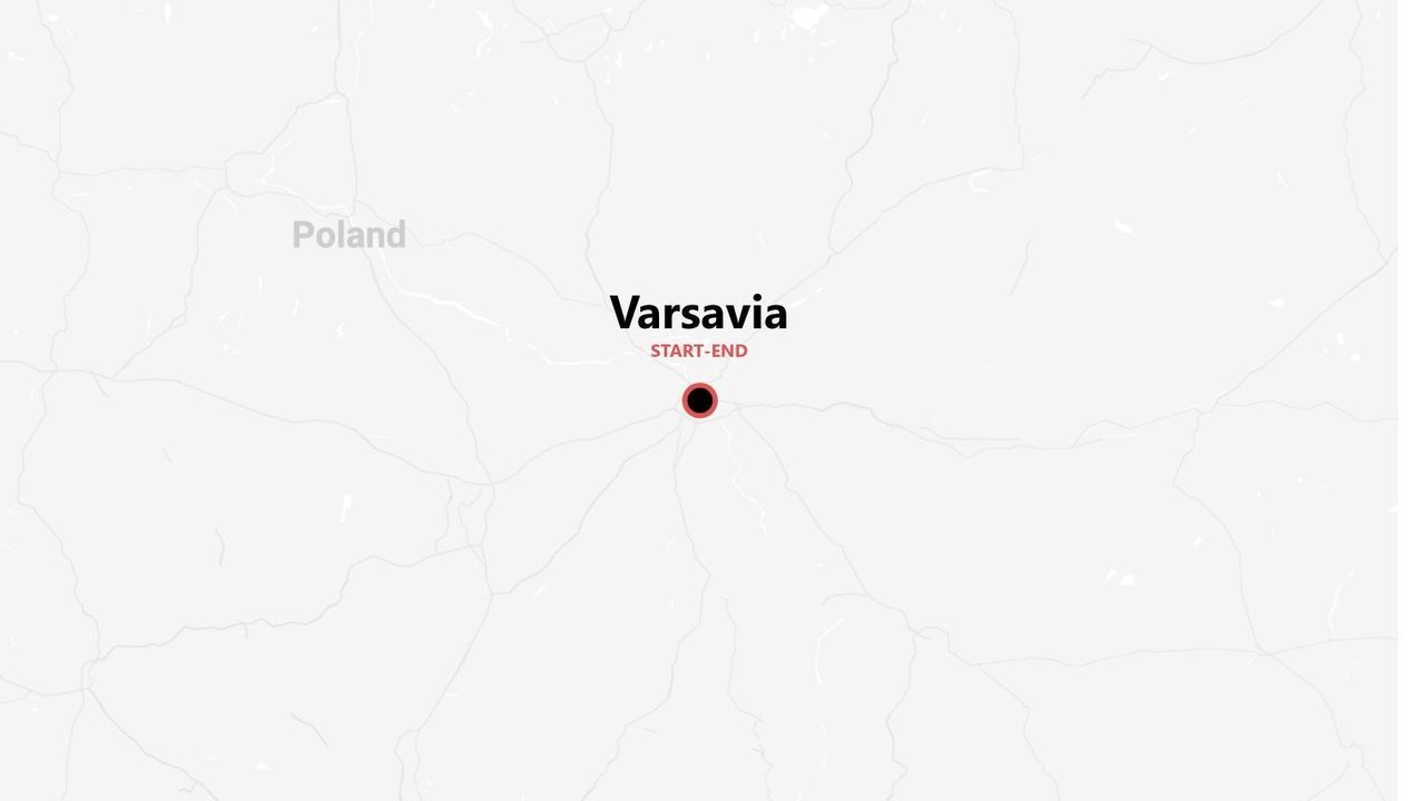 Mappa della Polonia con Varsavia indicata come punto di partenza e arrivo di un viaggio.