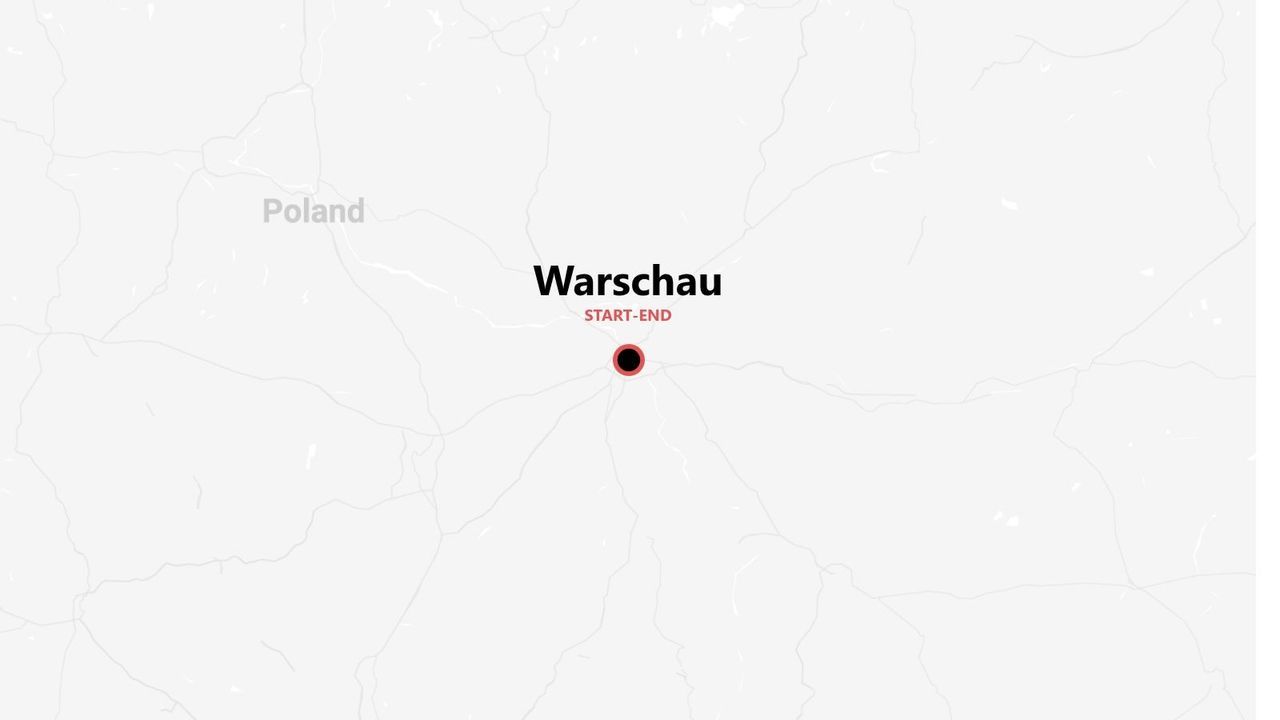 Eine minimalistische Karte Polens, mit Warschau als Start- und Endpunkt einer Reise.