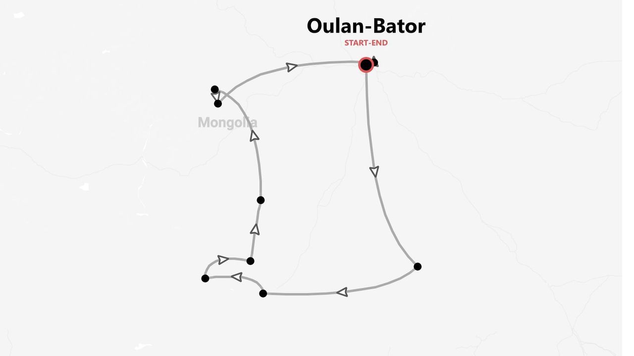 Carte d'un circuit en boucle en Mongolie, avec départ et arrivée à Oulan-Bator.