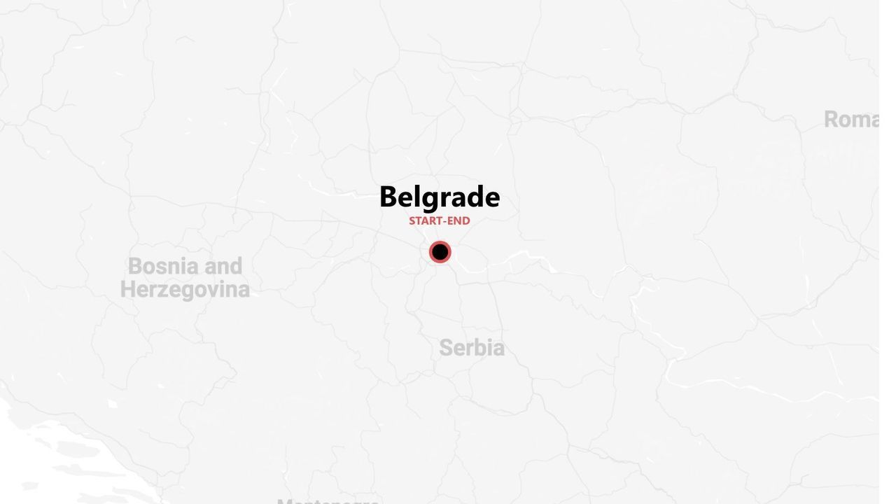 Une carte de voyage indiquant Belgrade, Serbie, comme point de départ et d'arrivée, avec la Bosnie-Herzégovine et les pays environnants.