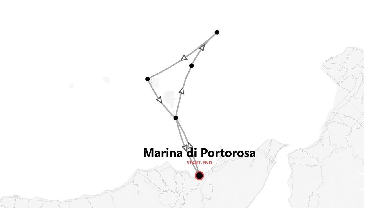 Mappa stilizzata di un itinerario di viaggio con partenza e arrivo a Marina di Portorosa, con percorso tracciato sul mare.