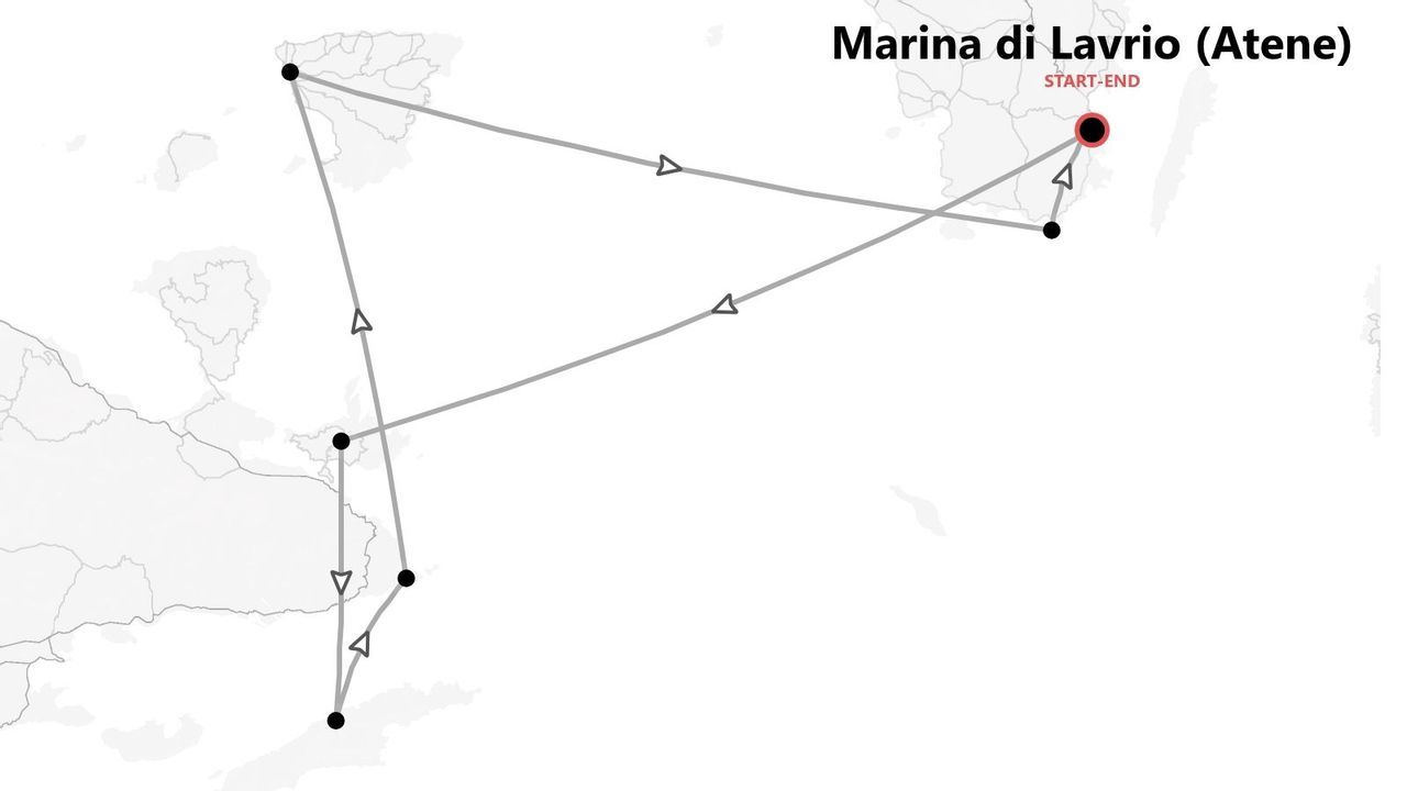 Una mappa che mostra un itinerario di viaggio con inizio e fine a Marina di Lavrio, Atene, con linee che collegano vari punti lungo la costa e le isole.