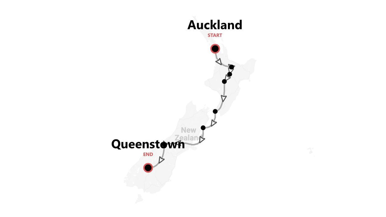 Une carte de la Nouvelle-Zélande montrant un itinéraire de voyage d'Auckland à Queenstown.