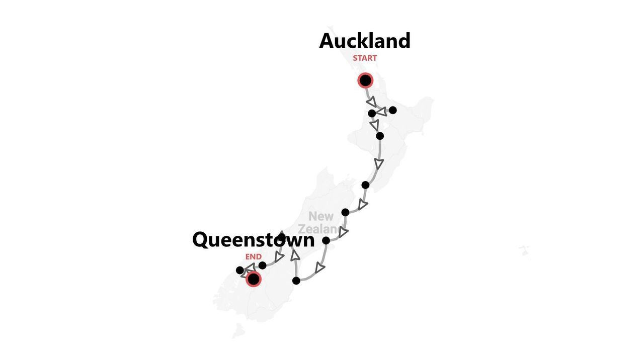 Carte de Nouvelle-Zélande avec un itinéraire de voyage d'Auckland à Queenstown.