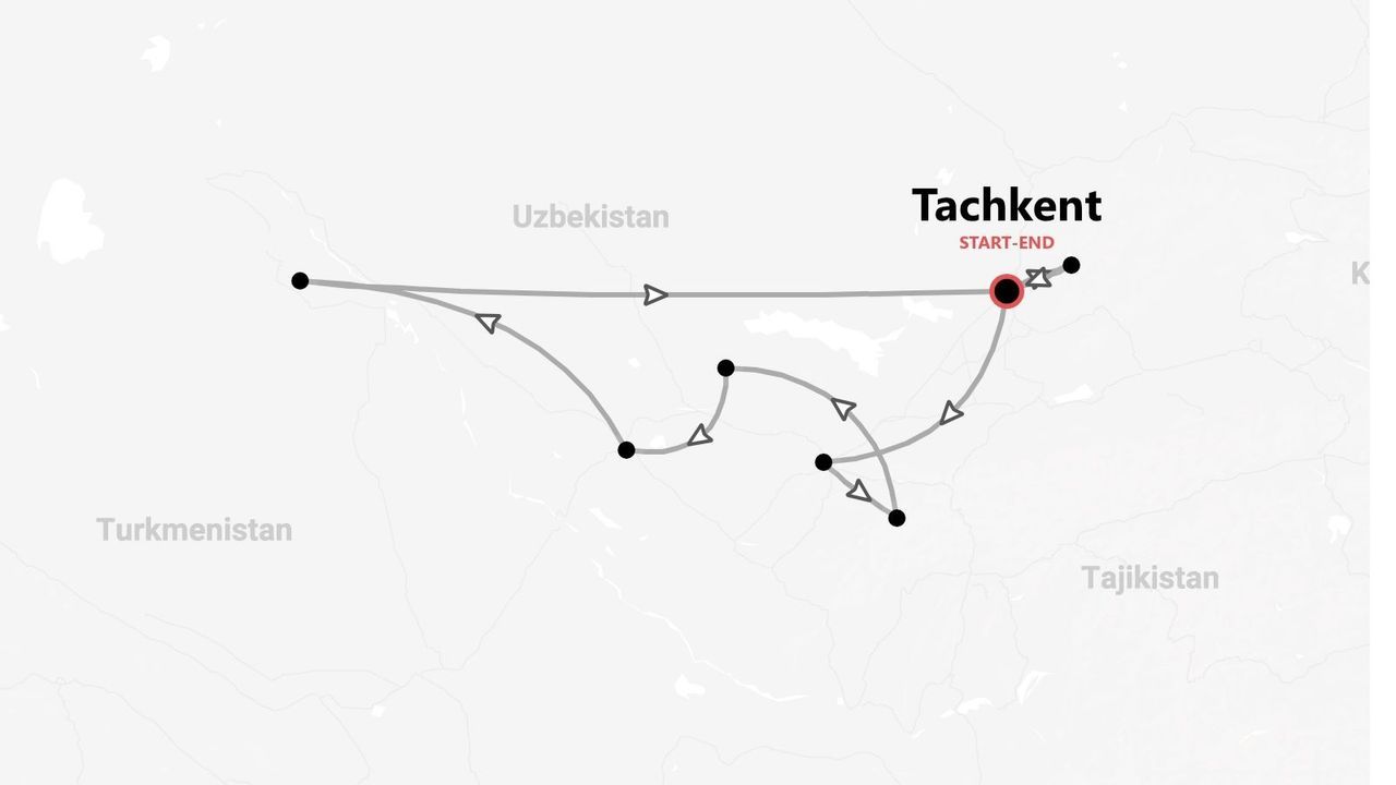 Une carte présentant un itinéraire de voyage en Ouzbékistan, au départ et à l'arrivée de Tachkent, avec des étapes au Turkménistan et au Tadjikistan.