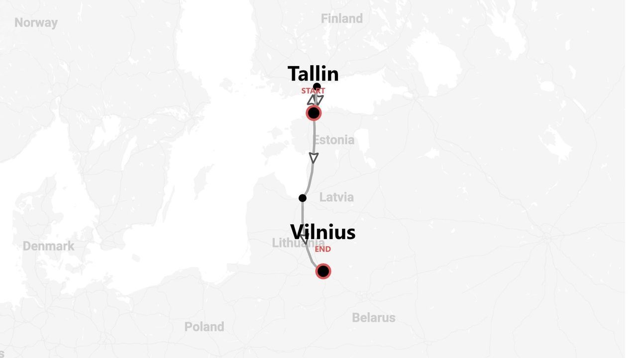 Carte d'un itinéraire de Tallinn (Estonie) à Vilnius (Lituanie).