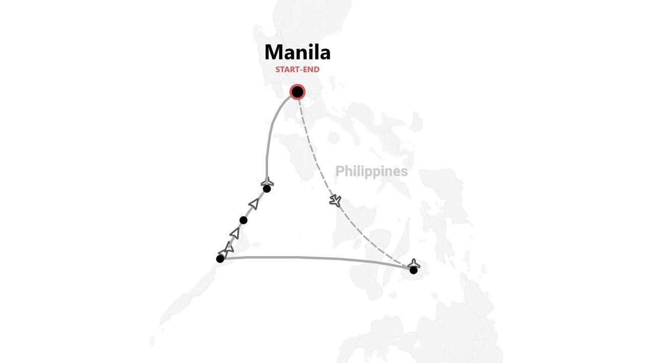 Carte d'un itinéraire de voyage aux Philippines. Le parcours débute et se termine à Manille et indique différents modes de transport.