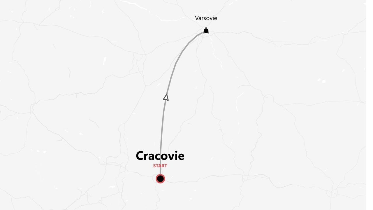 Carte minimaliste d'un itinéraire de voyage de Cracovie à Varsovie.