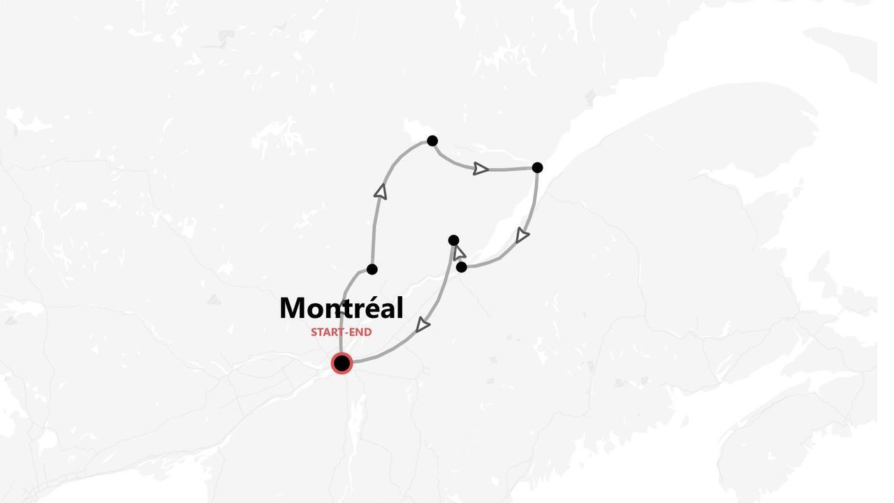 Carte minimaliste d'un circuit touristique circulaire au Québec, avec départ et arrivée à Montréal.