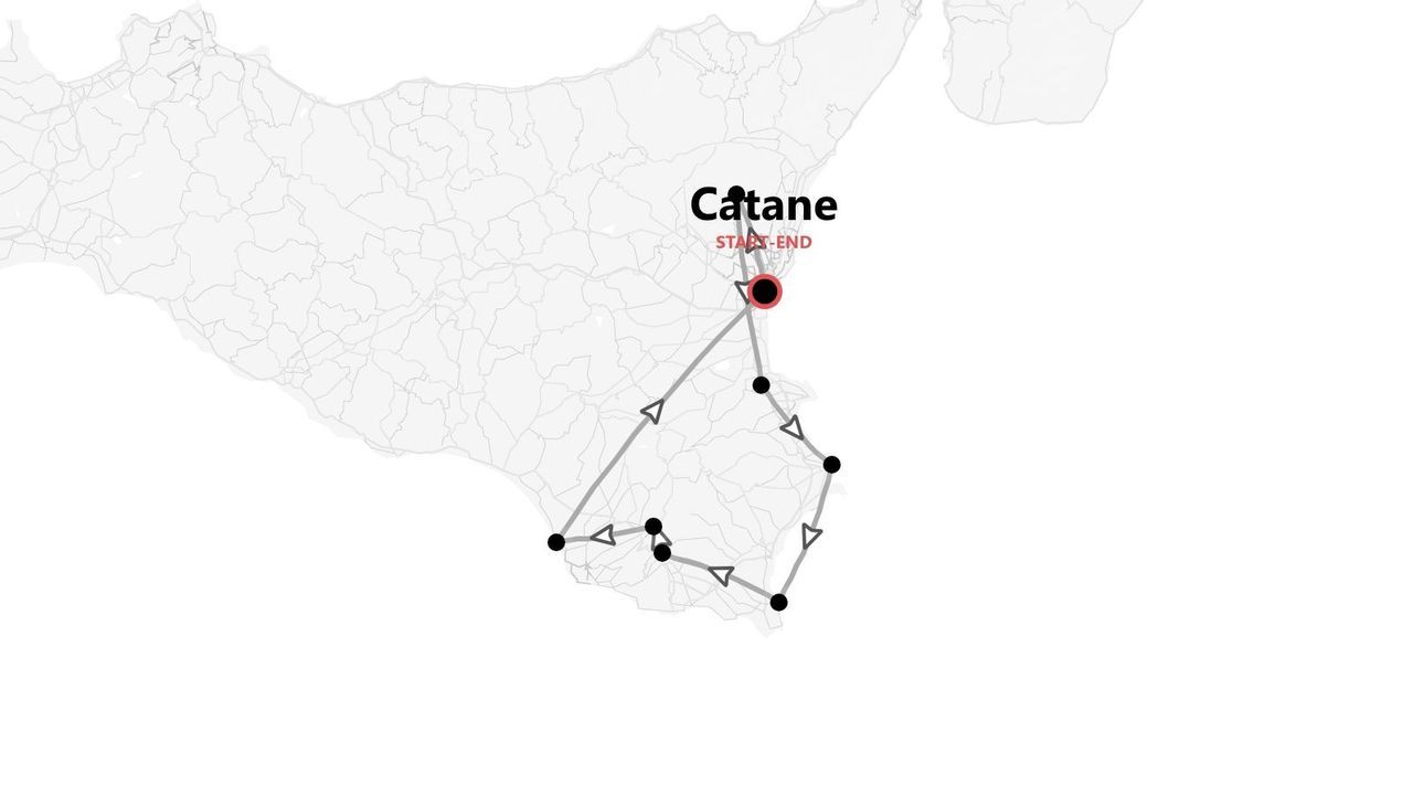 Carte d'un itinéraire de voyage en Sicile orientale, au départ et à l'arrivée de Catane.