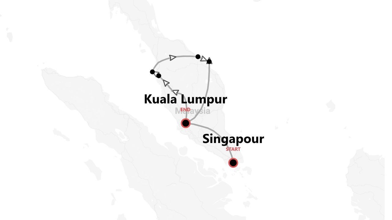 Une carte montrant un itinéraire de voyage commençant à Singapour et traversant la Malaisie, se terminant à Kuala Lumpur.