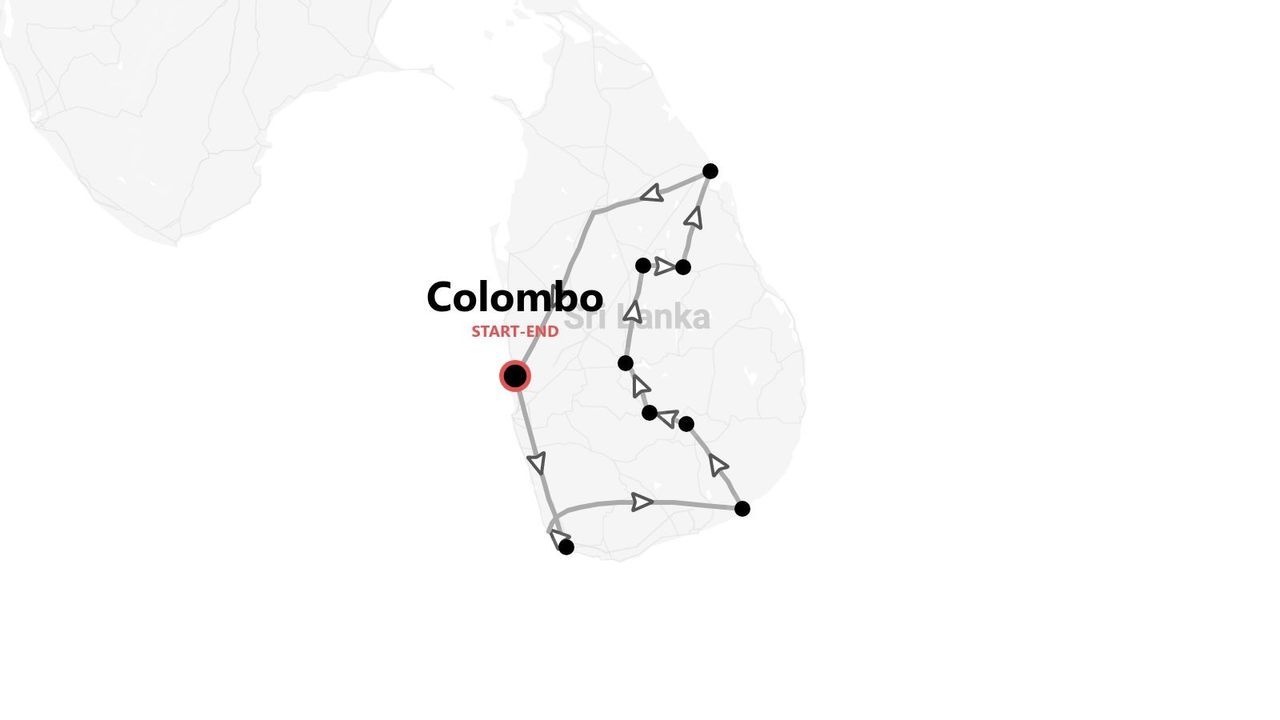 Carte du Sri Lanka montrant un itinéraire de voyage en boucle, commençant et se terminant à Colombo.